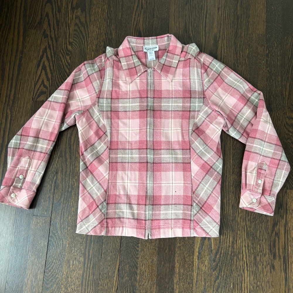 PENDLETON 100% Virgin Wool Pink Tartan Plaid Zip Up Jacket Size L